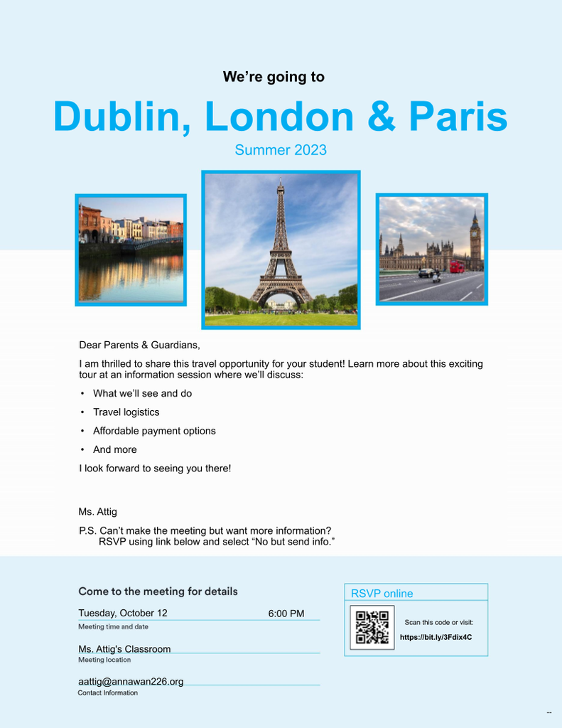 Dublin, London, Paris School Trip Meeting Information Flyer