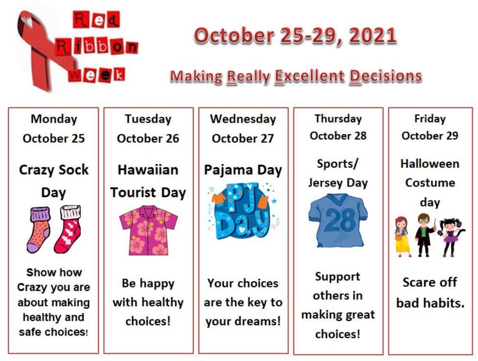 Monday Crazy socks, Tuesday Hawaiian day, Wednesday Pajamas, Thursday sports, Friday Costumes
