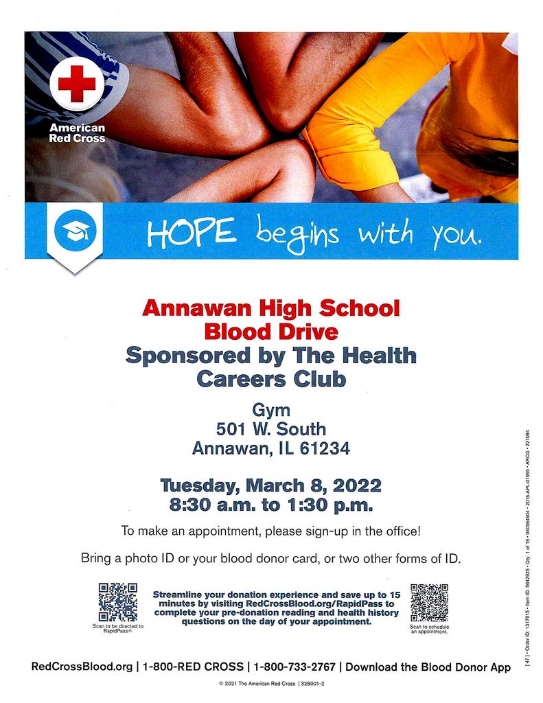 Annawan High School Blood Drive Flier - with sign up QR code - March 8, 2022 from 8:30 a.m. to 1:30 p.m.